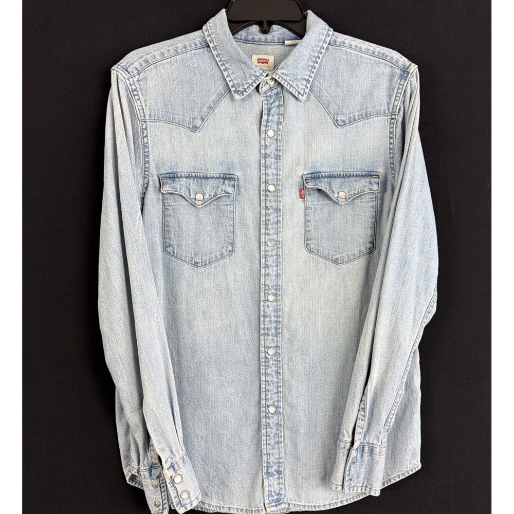 Levis Standard Western Denim Shirt Small Light Wash Pearl Snap Cowboy Distressed